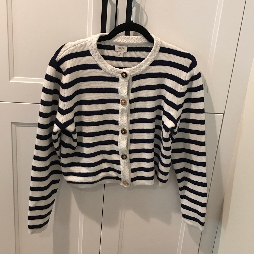 J. Crew Factory Navy and White Striped Cardigan